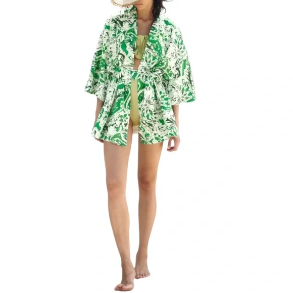 Zara Linen Blend Kimono Tie Front Mid Length Green Paisley Print Size Med/Large - Picture 2 of 16